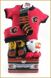 Calgary Flames Hockey Team Themed Baby Gift Basket & Piggy Bank Gift Basket
